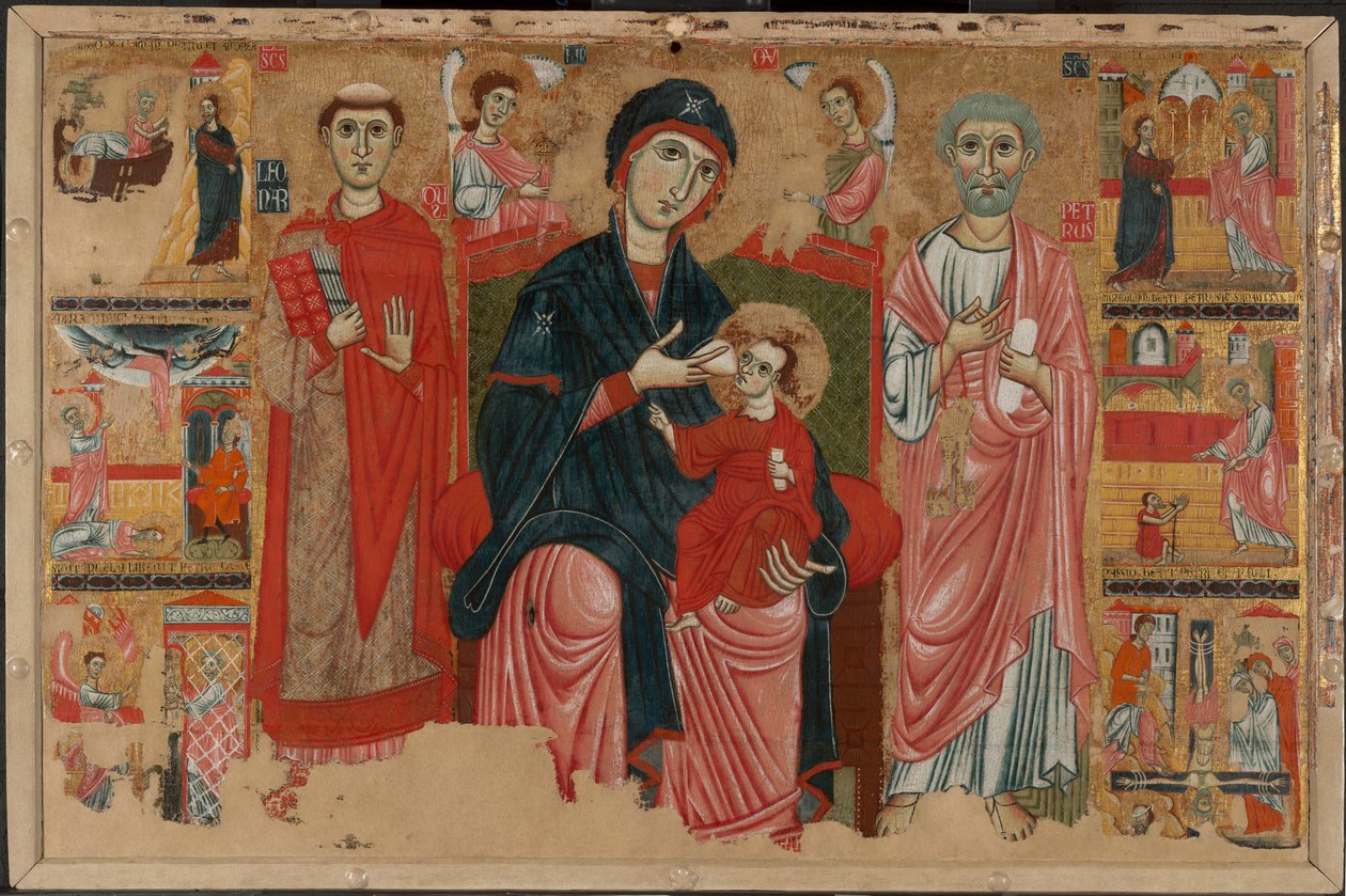 Neitsyt ja lapsi valtaistuimella pyhien Leonardin ja Pietarin kanssa ja kohtauksia Pyhän Pietarin elämästä tekijältä Master of the Magdalen