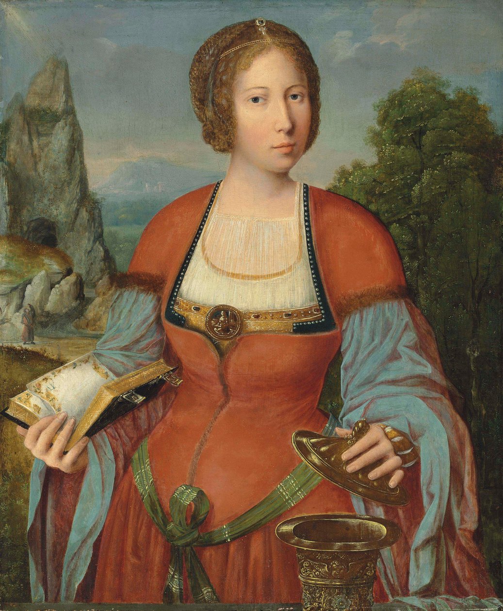 Magdaleena pitelee tuntikirjaa maisemassa. tekijältä Master of the Mansi Magdalen