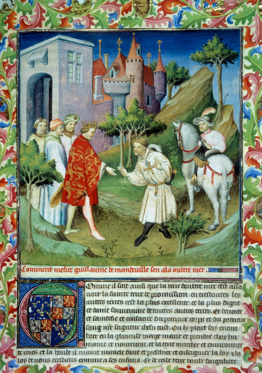John of Mandeville (1300-1372) otti pois kuningas Edward II:sta ja lähti Englannista. Miniatyyri "" Maailman ihmeiden kirjassa"" Ms 2810. Folio 141. Mazariinimestarin valaisema käsikirjoitus, kirjoittanut John (Jehan) of Mandeville (1300? -1372) tekijältä Master of the Mazarine