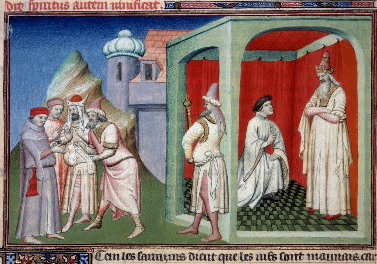 John of Mandeville ja sulttaani. Kiista kristittyjen ja muslimien välillä, jota edustavat Jean de Mandeville, tutkimusmatkailija Liegestä (1300-1372) ja Saraseenien sulttaani. Miniatyyri "" Maailman ihmeiden kirjassa"" Ms. 2810 Folio 175v. Käsikirjoitus tekijältä Master of the Mazarine