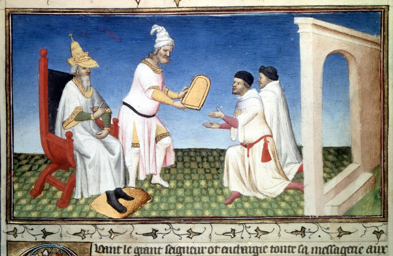 Marco Polo ja Mattia Polo vastaanottavat lahjoituksia Kubilay Khanilta, - Pienoiskuva otettu Marco Polon (1254-1324) "Ihmeiden kirjasta"" ("" Devisement of the World"", ""The Million"") (Ms , folio 3v) valaisi Mazarine Master, noin 1410-1412 tekijältä Master of the Mazarine