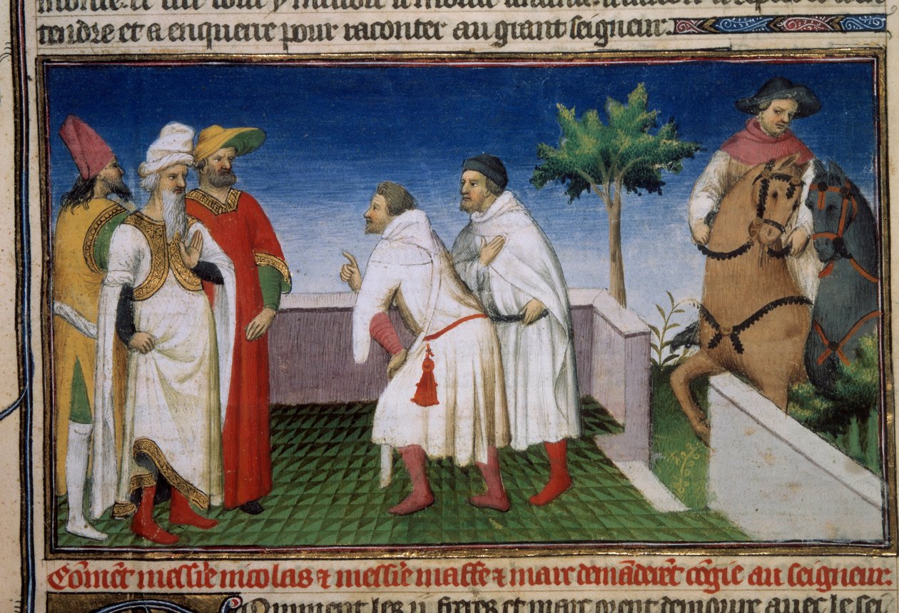 Matteo ja Niccolo, Polo-veljekset pyytävät lupaa Qubilailta (Kubilai Khan, Mongolian Yuan-dynastian ensimmäinen keisari (1215-1294) Miniatyyri otettu "" The Book of Wonders" -kirjasta" ("" Maailman poikkeama"" , "" Miljoona"") Ms. 2820 folio 6. Enlu tekijältä Master of the Mazarine