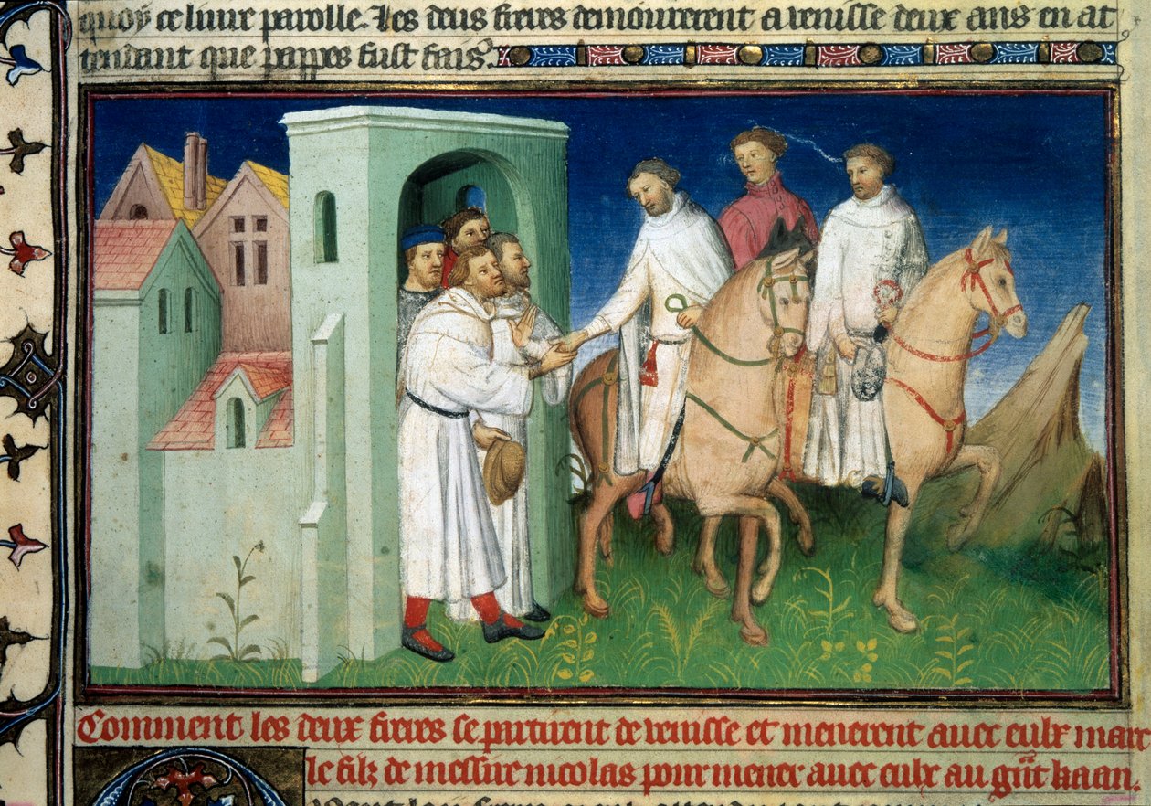 Matteo ja Niccolo, Polo-veljekset lähtevät Venetsiasta. Pienoismalli otettu Marco Polon (1254-1324) "" The Book of Wonders -kirjasta" ("" Maailman suunnittelu", "" Il Milione") (Ms. 2810, Folio 4), jonka valaisi mestari Mazariini, noin 1410-1412. BN, tekijältä Master of the Mazarine