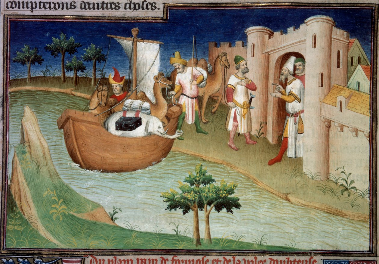 Polon veljekset (mukaan lukien Marco Polo) saapuvat Ormuziin Intiasta rahtilaivalla. Miniatyyri teoksessa "" The Book of Wonders"" ("" Devisement du monde", "" Il Milione") (Ms. 2810, Folio 14v). Käsikirjoitus Mazarine Masterin luottamuksella tekijältä Master of the Mazarine