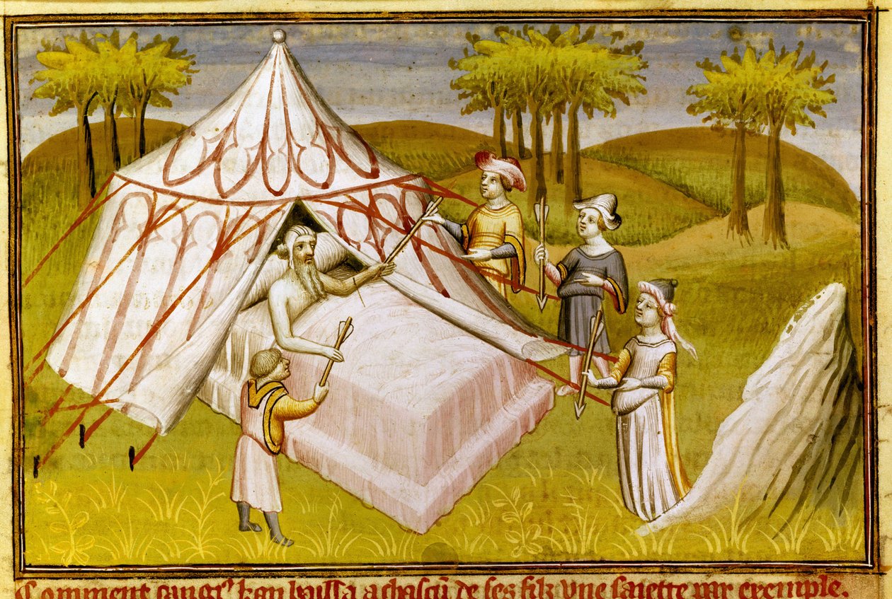 Mongolian johtaja Tšingis-kaani kuolinvuoteella antamassa viimeisiä suosituksia pojilleen, n. 1410 (pienikokoinen) tekijältä Master of the Mazarine