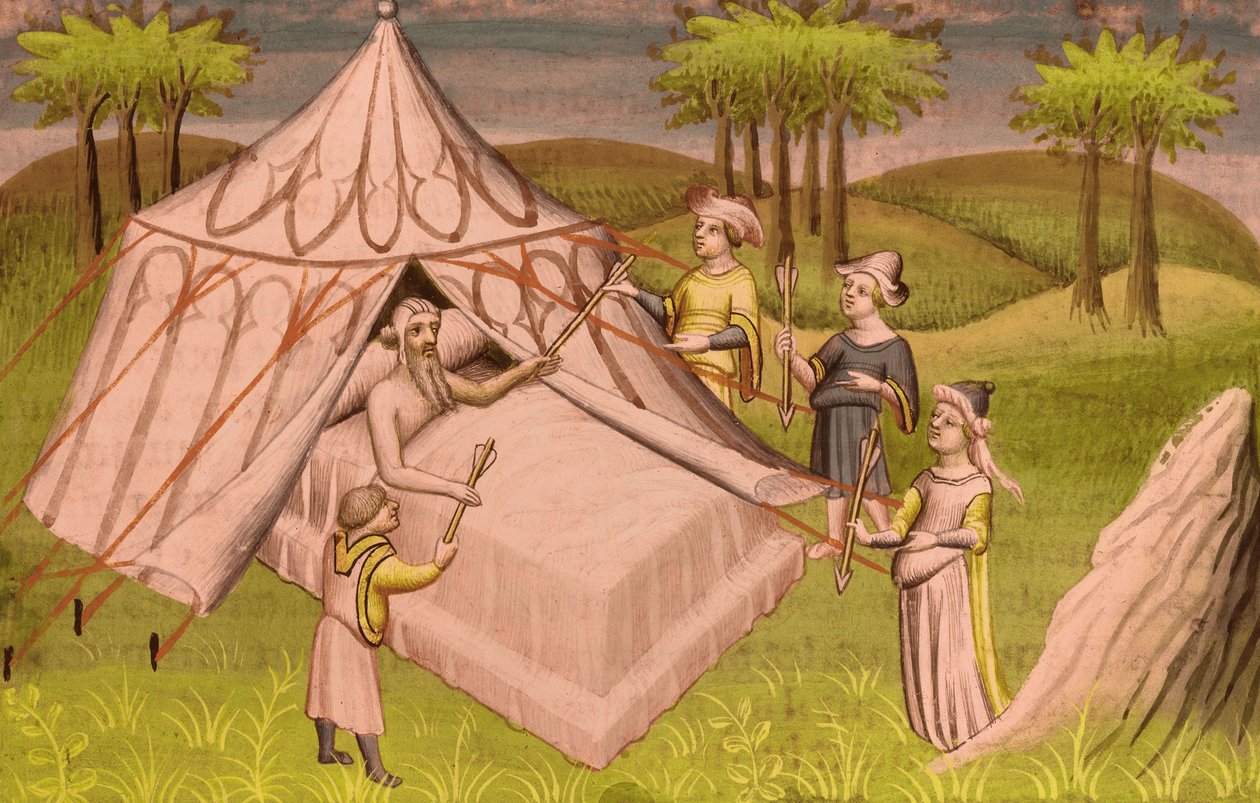 Mongolian johtaja Tšingis-kaani kuolinvuoteella antamassa viimeisiä suosituksia pojilleen, n. 1410 (pienikokoinen) tekijältä Master of the Mazarine