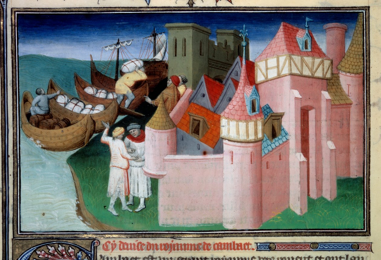 Pallien purkaminen Khambhatin kaupungissa Intiassa. Miniatyyri teoksessa "" The Book of Wonders"" ("" Devisement du monde", "" Il Milione") Ms2810, Folio 86v. Käsikirjoitus Mazarine Masterin luvattuna ja Marco Polon (1254-1324) kirjoittama, n. 1410-1412. B tekijältä Master of the Mazarine