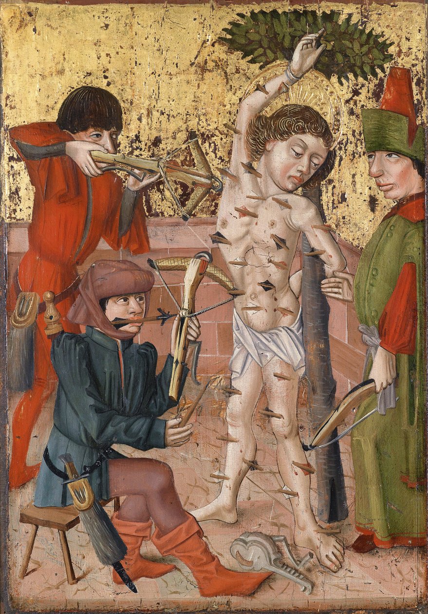 Pyhän Sebastianin marttyyrikuolema, n. 1470-1480 tekijältä Master of the Middle Rhine