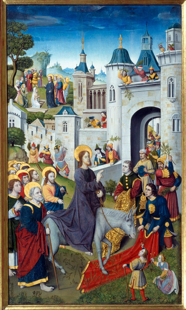 Entrada de Crist a Jerusalem El Diumenge de Rams, els habitants el saluden amb alegria estenent la roba a terra, amb branques d
