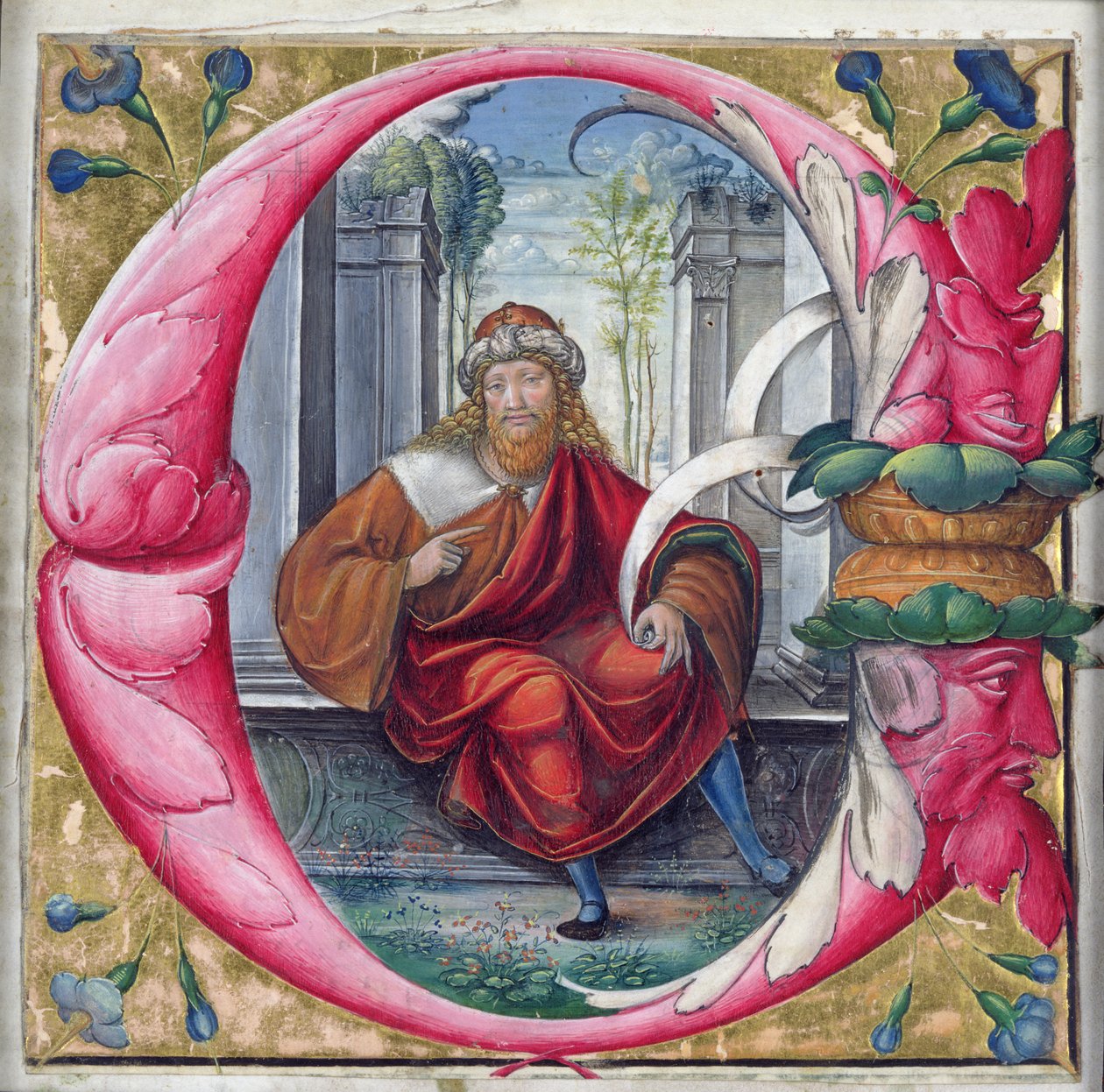Historiallinen alkukirjain C tai O, joka kuvaa kuningas Daavidia. tekijältä Master of the Monogram B.F