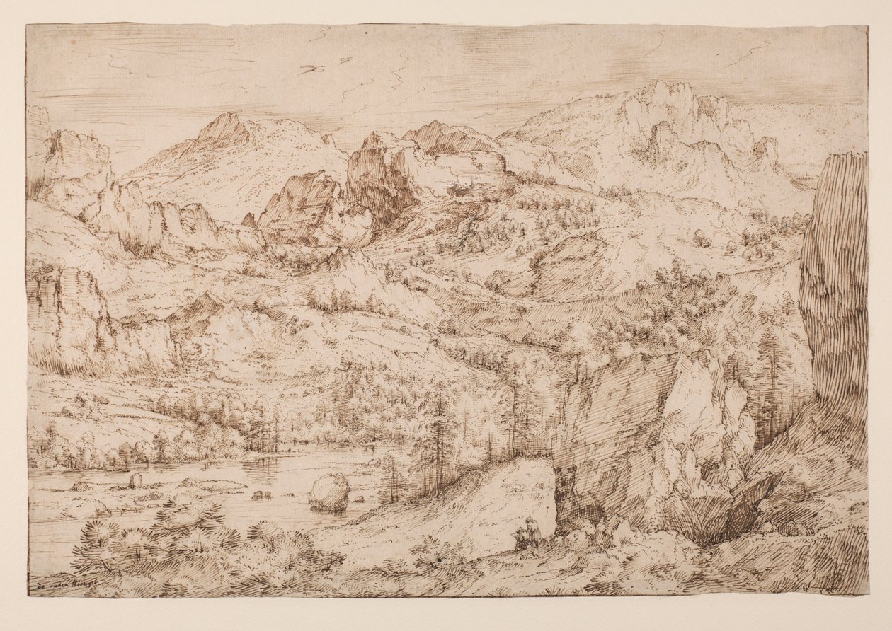 Maisema, jossa taiteilija luonnostelee, n. 1606-08 (kynä ja muste ja musta liitu paperille) tekijältä Master of the Mountain Landscapes