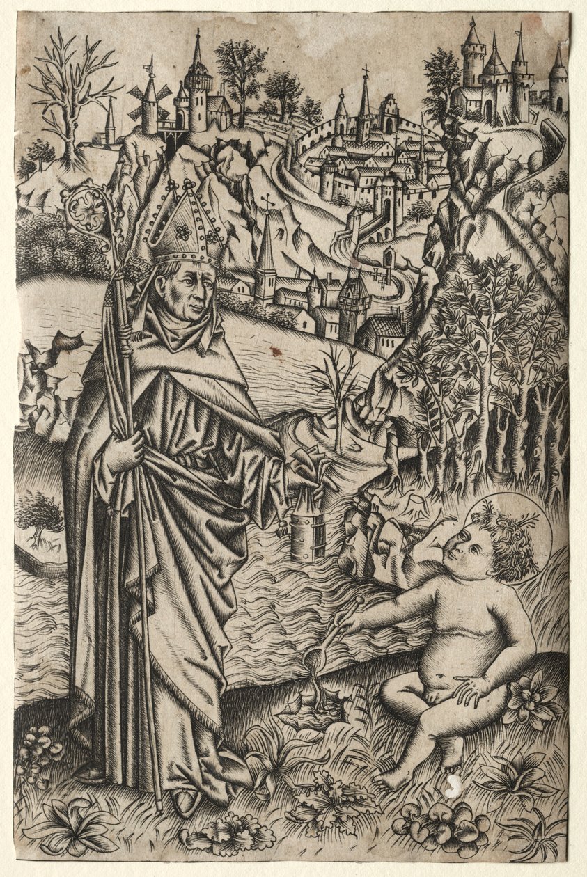 Pyhä Augustinus ja lapsi meren rannalla, n. 1465-1469. tekijältä Master of the Nuremberg Passion