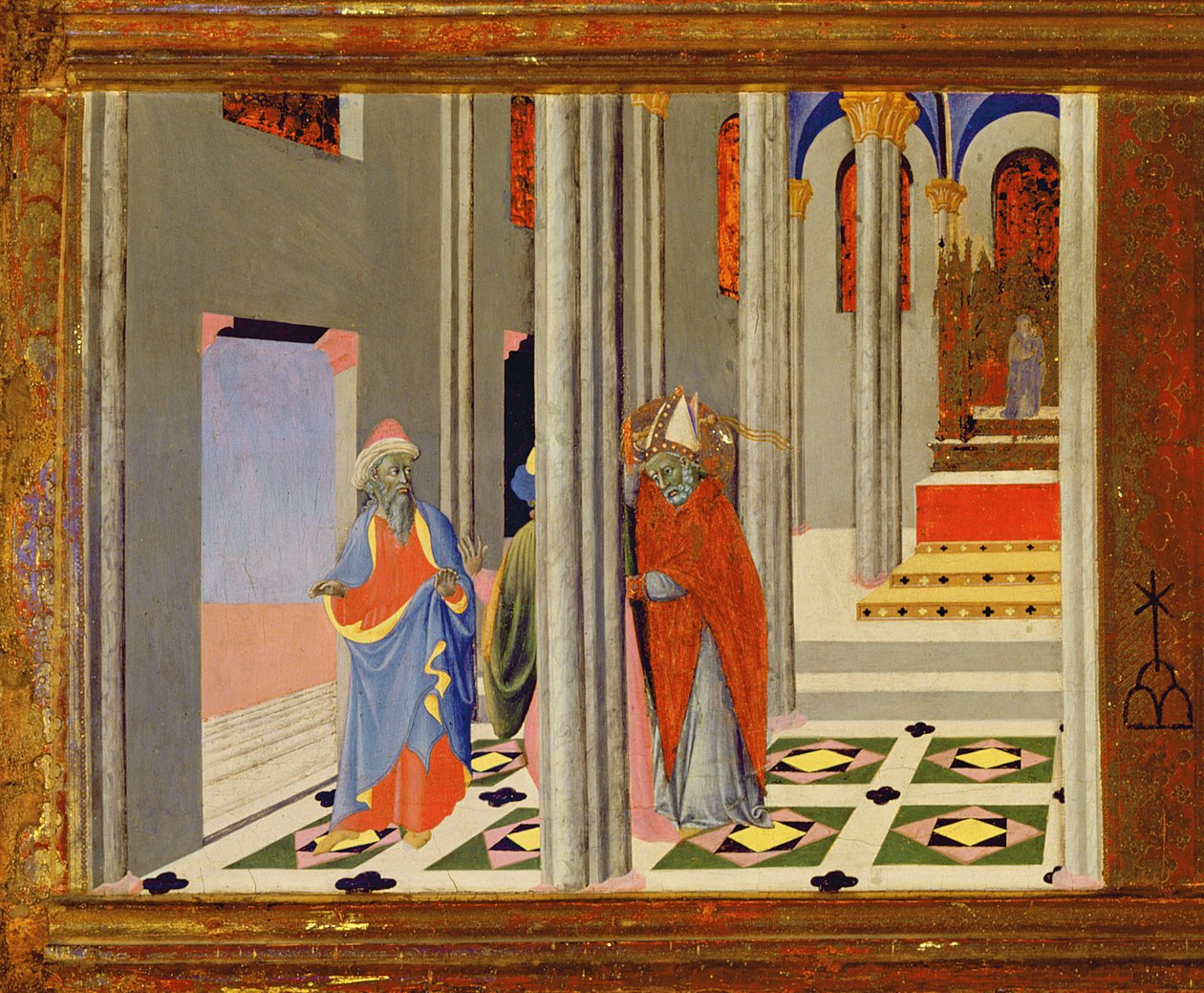 St. Ambrose kieltää Rooman keisari Theodosius I Suuren pääsyn Milanon kirkkoon, 1436 tempera paneelin yksityiskohdassa 741548 tekijältä Master of the Osservanza