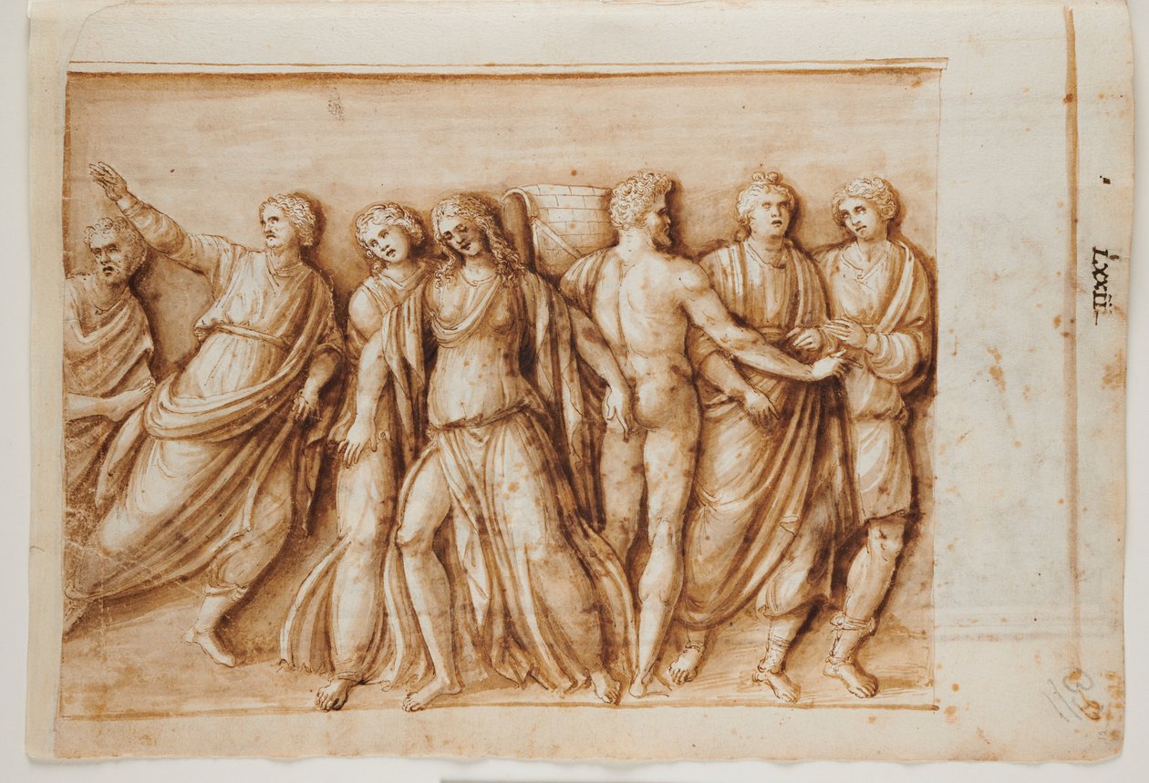 Folio 61, recto: Meleagerin paluu roomalaisesta sarkofagista, Rooma, Palazzo Barberini, n. 1512-17 (kynä ja ruskea muste ruskealla pesulla) tekijältä Master of the Oxford Album
