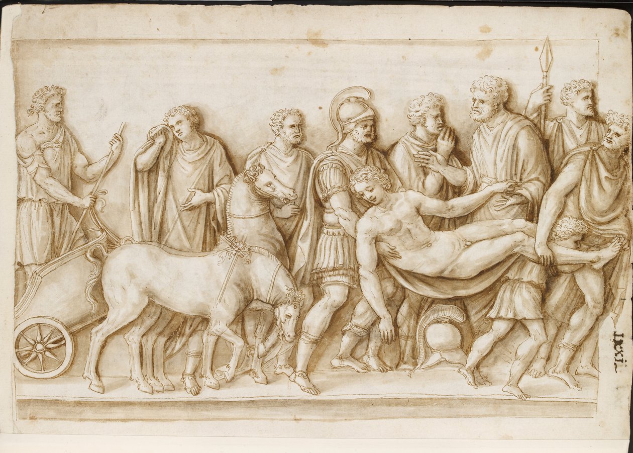 Verso: The Return of Meleager, roomalaisesta sarkofagista, Palazzo Barberini, Rooma, n. 1512-17 (kynä ja ruskea muste ruskealla pesulla) tekijältä Master of the Oxford Album