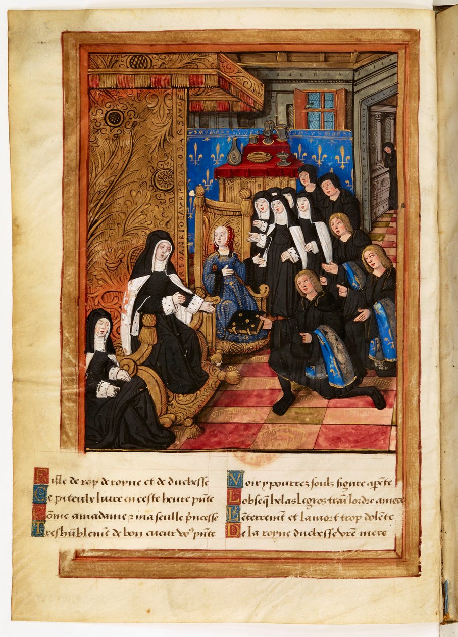 Bretagnen herttuattaren (...) Madame Annen (...) kuoleman (...) muistoksi ja varoitukseksi (...): omistusminiatyyri, jossa kirjailija Pierre Choque luovuttaa teoksensa Bretagnen kuningattarelle Annalle, joka nimeää Clauden perillisekseen. tekijältä Master of the Paris Entries