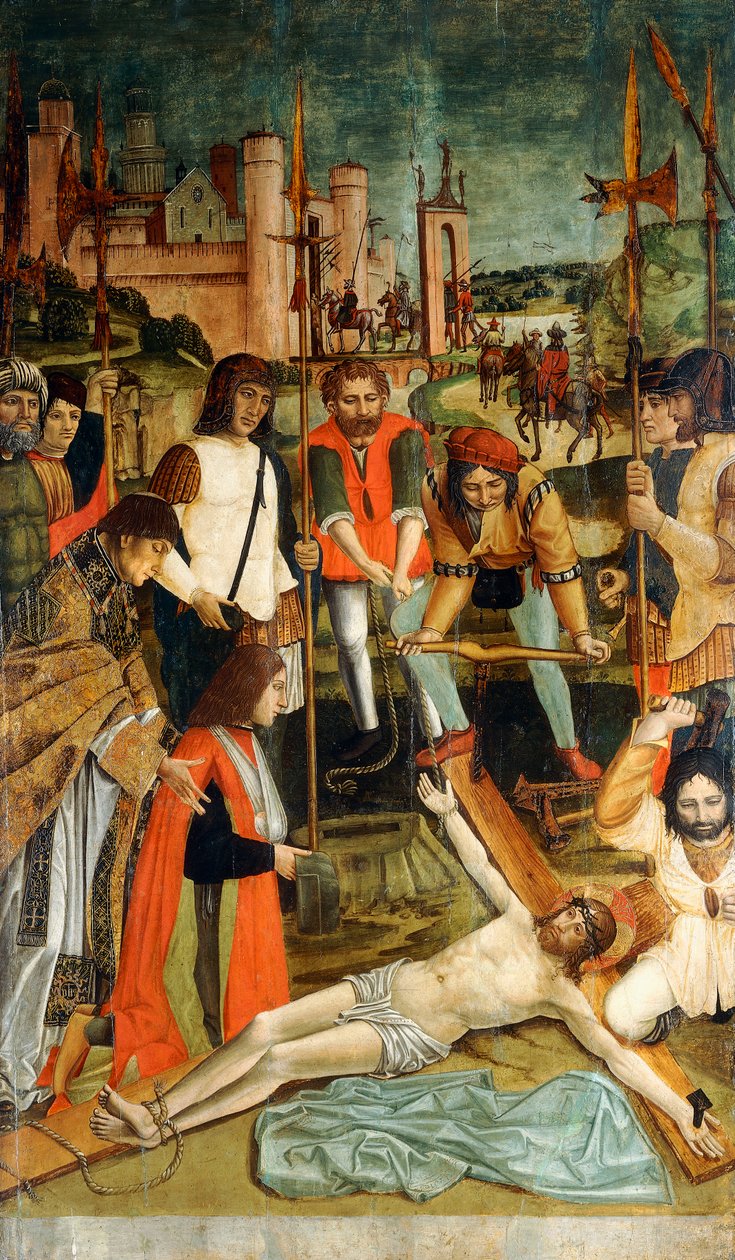 Kristus naulittiin ristille lahjoittajan kanssa käsivarrella papin esittämässä lingossa tekijältä Master of the Pavia Deposition