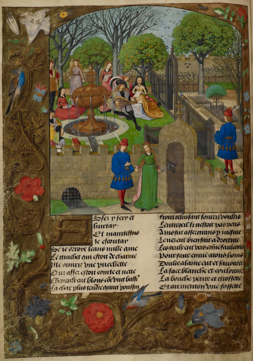 Harley_4425_f12v Lutenisti ja laulajat aidatussa puutarhassa. Rakastaja ja Dame Oyseuse (joutilas) puutarhan seinien ulkopuolella, kuvitus Roman de la Rosesta, Guillaume de Lorris tekijältä Master of the Prayer Books