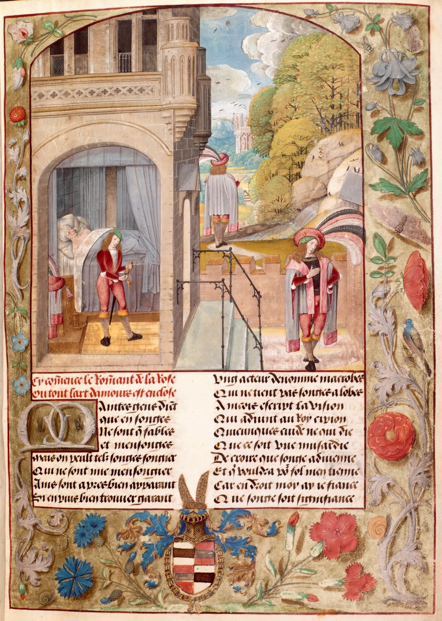 Harley 4425, fol.7 The Lover Sleep, Rising and Going to the Garden of Love, Guillaume de Lorrisin ja Jean de Meungin teoksesta "Roman de la Rose", n. 1490-1500 (vellum) tekijältä Master of the Prayer Books