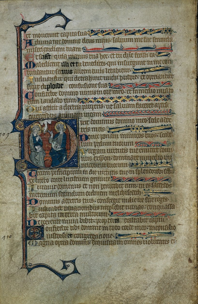 Psalterin lehti: Historioitu alkukirjain D ja The Trinity, n. 1310. tekijältä Master of the Queen Mary Psalter
