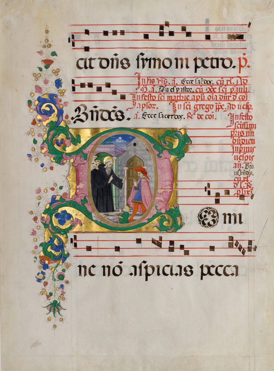 Fulla manuscrita amb sant Benet ressuscitant un nen amb una D inicial, d