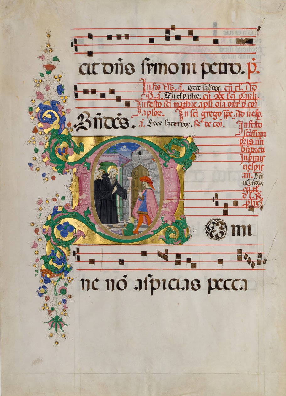 Käsikirjoituslehti, jossa pyhä Benedictus elvyttää poikaa alkuvaiheessa..., 1400-luvun toinen puoli tekijältä Master of the Riccardiana Lactantius