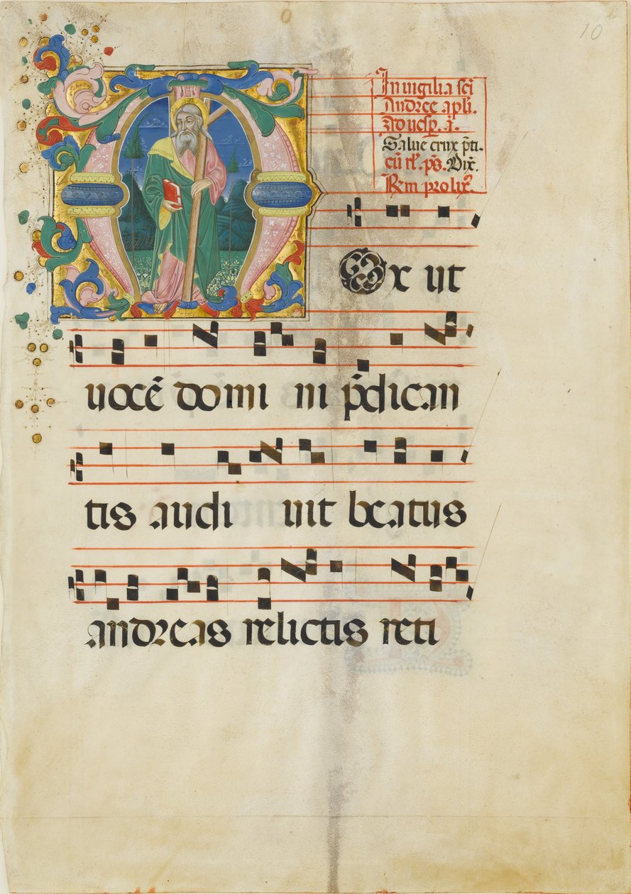 Fulla manuscrita amb la festa de Sant Andreu en una M inicial..., segona meitat del segle XV. finlandès tekijältä Master of the Riccardiana Lactantius