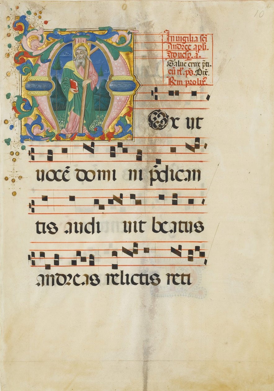 Käsikirjoituslehti, jossa Pyhän Andreaksen juhla alkuvaiheessa..., 1400-luvun toinen puoli. tekijältä Master of the Riccardiana Lactantius