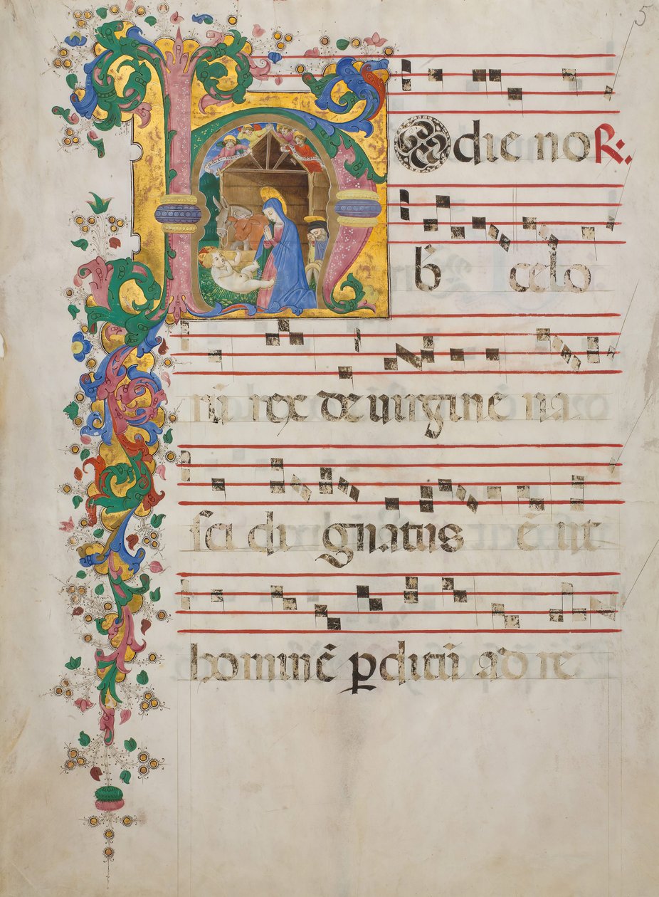 Käsikirjoitus lehti, jossa syntymä kirjaimella H, antifonaarista, italia, toinen puoli 15. vuosisata tekijältä Master of the Riccardiana Lactantius