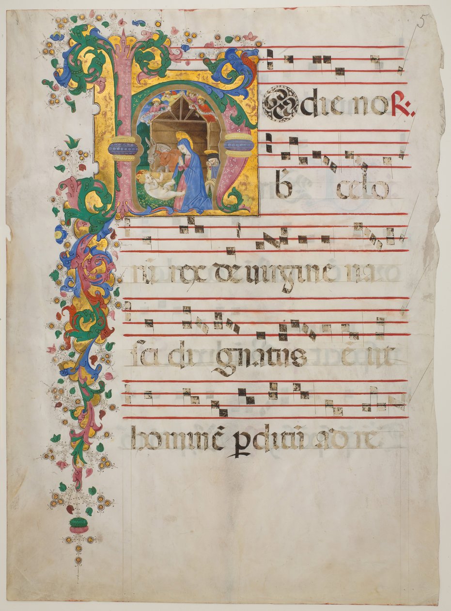Käsikirjoitus lehti, jossa syntymäkirja alkukirjaimella H, antifonaarista, 1400-luvun toinen puoli. tekijältä Master of the Riccardiana Lactantius