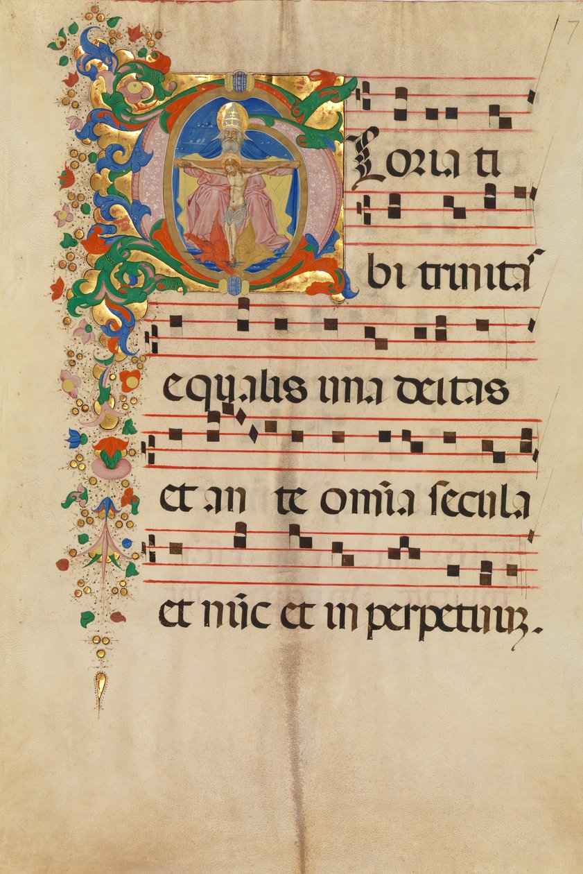 Käsikirjoituslehti, jossa kolminaisuus kirjaimella G, antifonaarista, italialainen, 1400-luvun toinen puoli tekijältä Master of the Riccardiana Lactantius