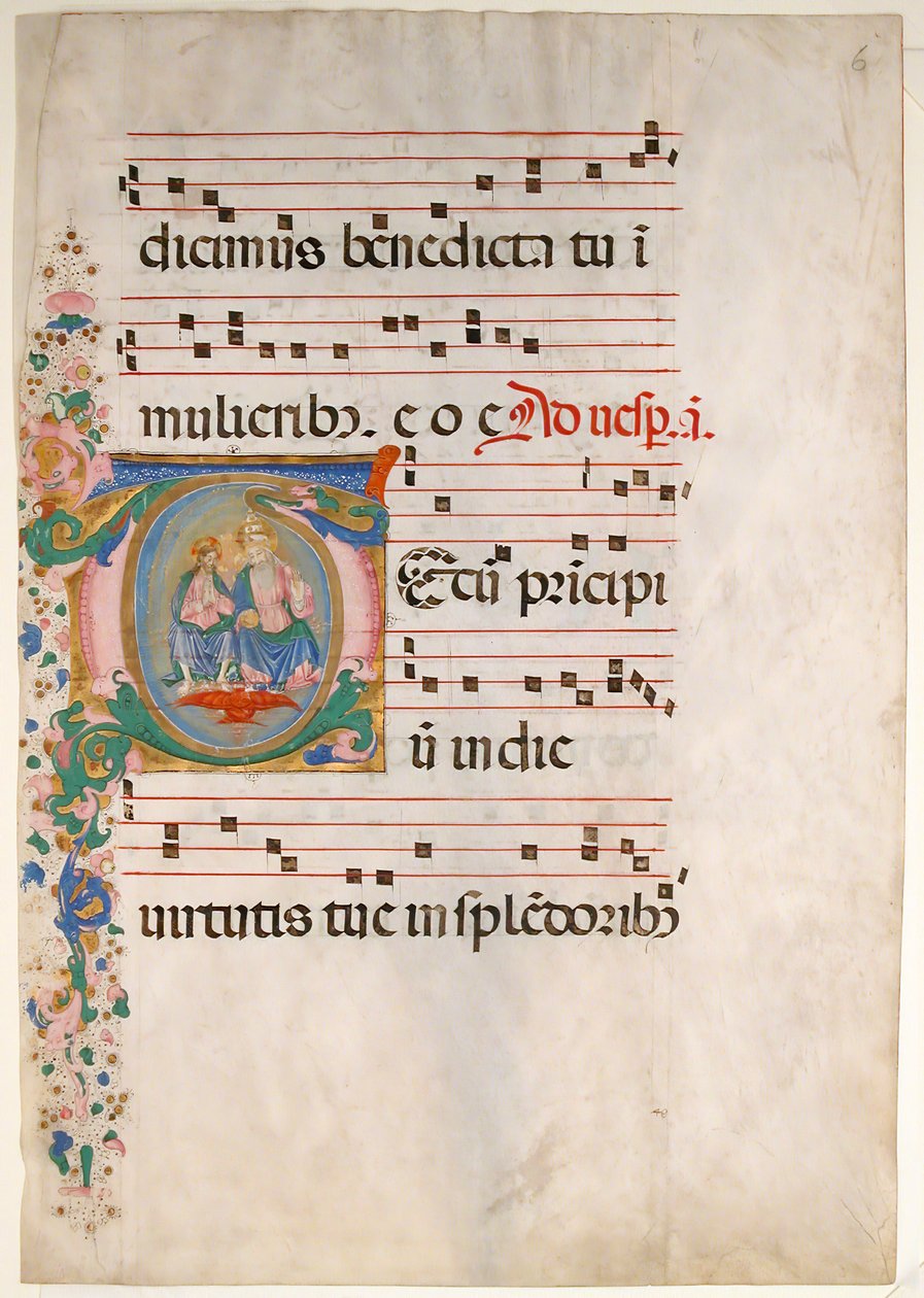 Käsikirjoituslehti, jossa kolminaisuus kirjaimella T, antifonaarista, 1400-luvun toinen puoli. tekijältä Master of the Riccardiana Lactantius