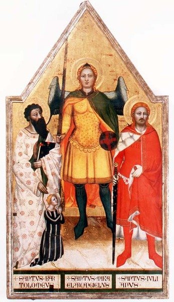 Pyhä arkkienkeli Mikael Pyhän Bartolomeuksen ja St. Julianuksen kanssa (tempera paneelissa) tekijältä Master of the Rinuccini Chapel