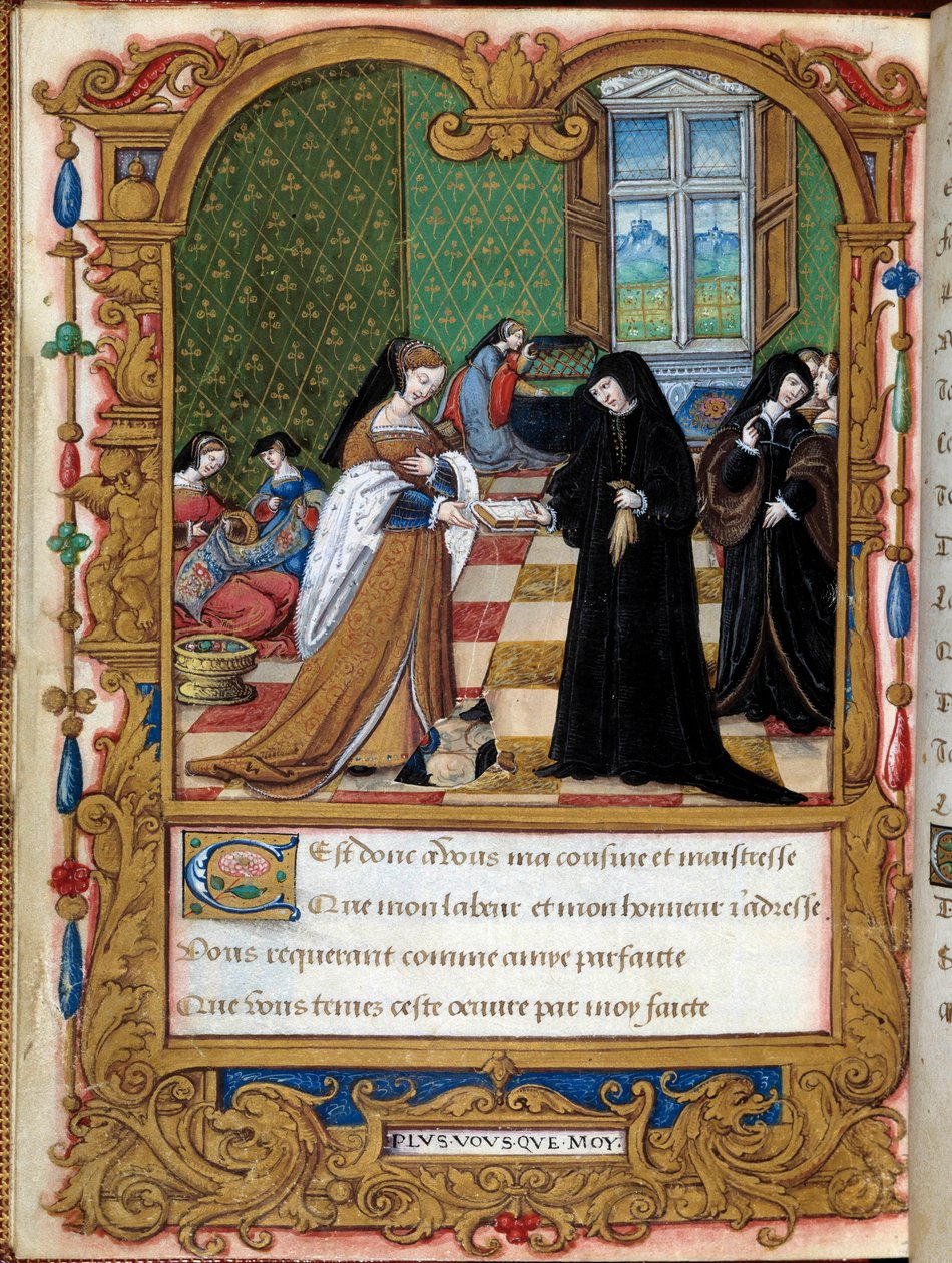 Margarita Angoulema (1492-1549) Navarran kuningatar esittelee kirjansa Etampesin herttuatarlle ja Francois I Anne Pisseleun suosikkisivulle, joka on otettu mestarin valaisemasta Margaret of Angouleman käsikirjoituksesta "" La coche ou Debat d