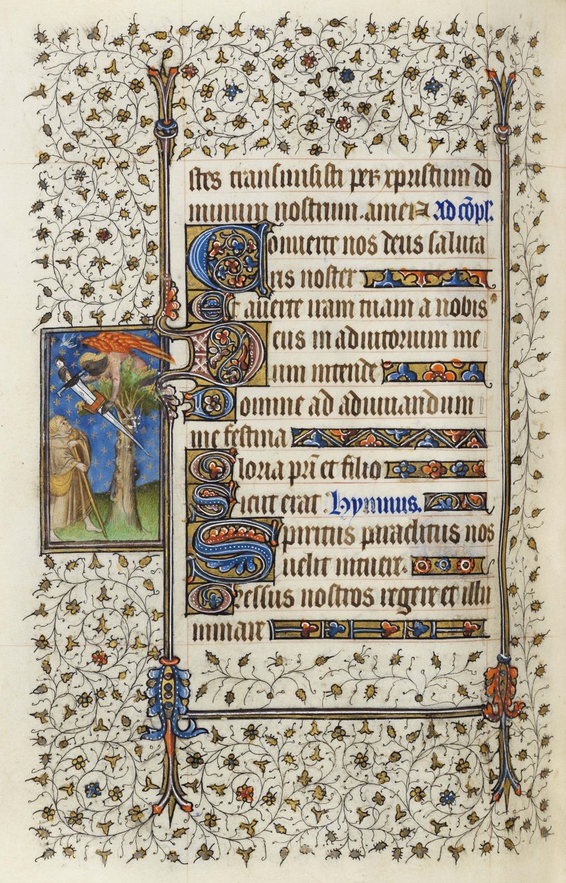 Ms 62 f.132v Siivekäs hahmo puun latvassa, jossa on miekalla lävistetty kirja, Guillaume de Deguillevillen teoksesta "Pyhän Hengen tunnit" 1350, 1417 (muste ja kultalehti pergamentilla) tekijältä Master of the Rohan Hours