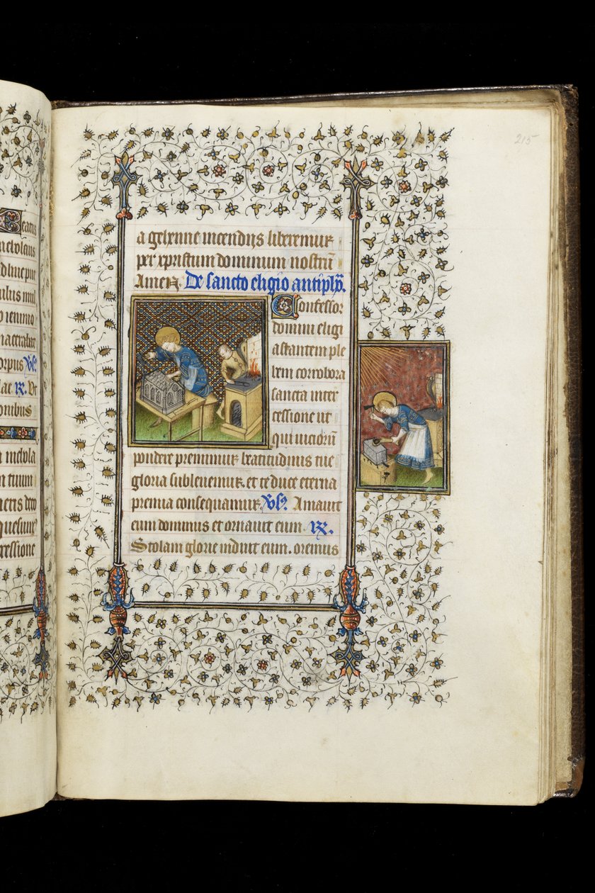 Ms 62 f.215r St. Eligius tekemässä pyhäkköä; Pyhä Eligius alasimessa, Tuntikirjasta, n. 1445-1450 (vellum) tekijältä Master of the Rohan Hours