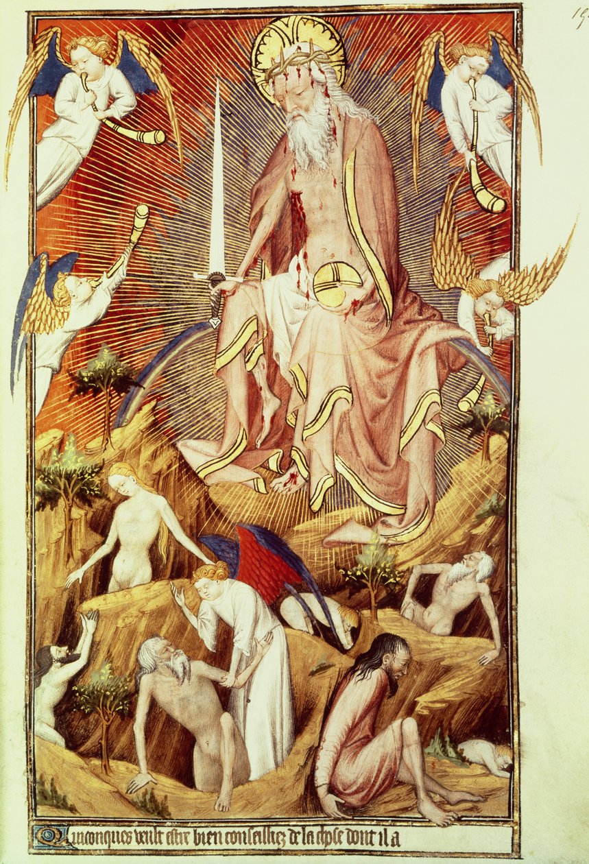 neiti Lat. 9471 f.194 The Last Judgement, Grandes Heures de Rohan, n. 1418-25 (katso myös 121172) tekijältä Master of the Rohan Hours