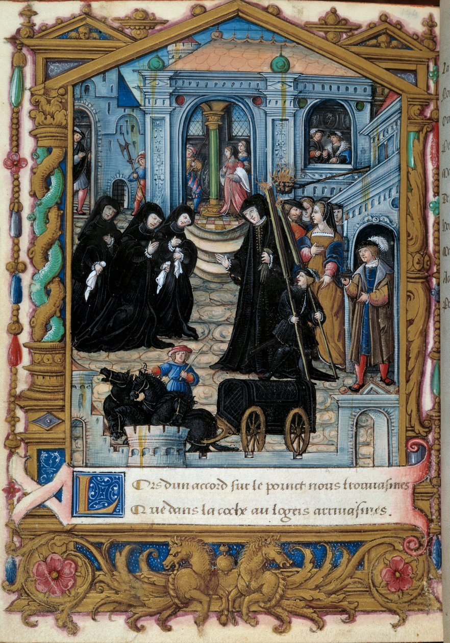 Navarran kuningatar Margarita Angouleman (1492-1549) esitys seuralaistensa ympäröimänä. Sivu otettu Marguerite d