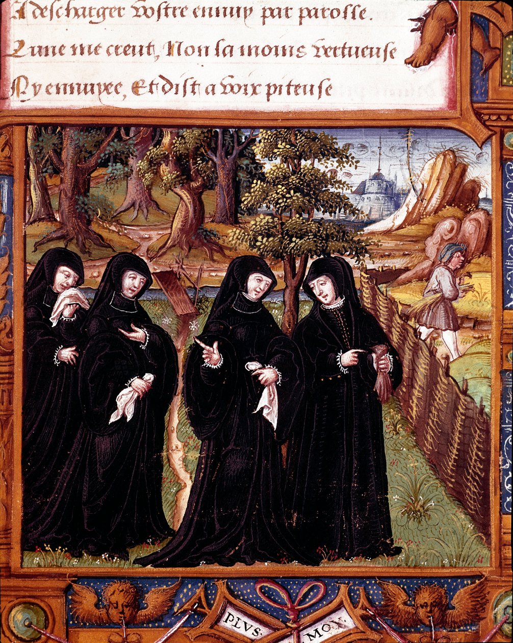 Esitys Navarran kuningattaresta Margarita Angoulemasta (1492-1549) keskustelemassa tovereidensa kanssa Sivu otettu Angouleman Margaritan käsikirjoituksesta "" La coche ou Debat d