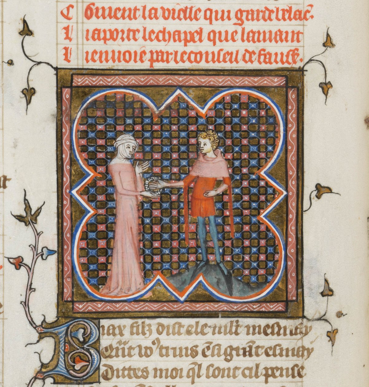 Miniatyyri Guillaume de Lorrisin ja Jean de Meunin Roman de la Rosen käsikirjoituksesta, 1353 tekijältä Master of the Rose novels