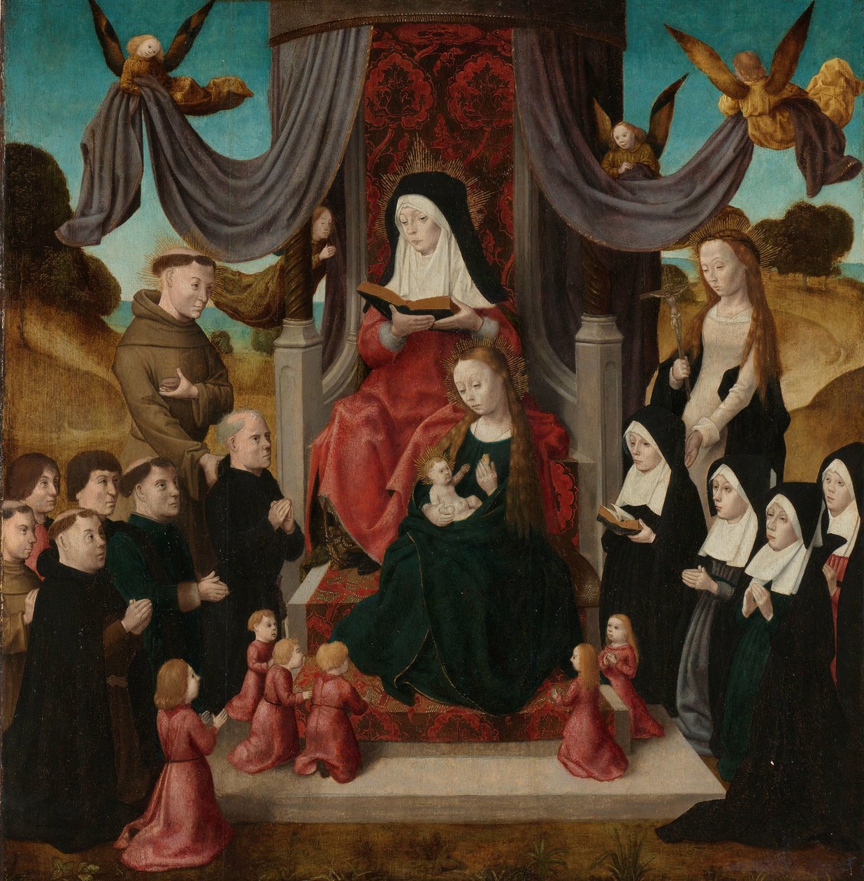 Neitsyt ja lapsi Pyhän Annan ja pyhien Franciscuksen ja Lidwinan kanssa lahjoittajien kanssa (Anna Selbdritt) tekijältä Master of the Saint John Panels