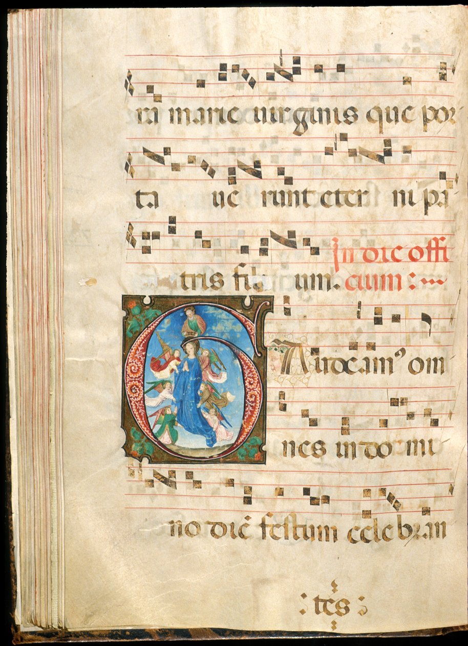 Neitsyt taivaaseenastuminen, f.72v asteittaisesta, 1400-luvun lopulta (muste, tempera ja kultalehti pergamentissa) tekijältä Master of the Saluces Hours (attr. to)