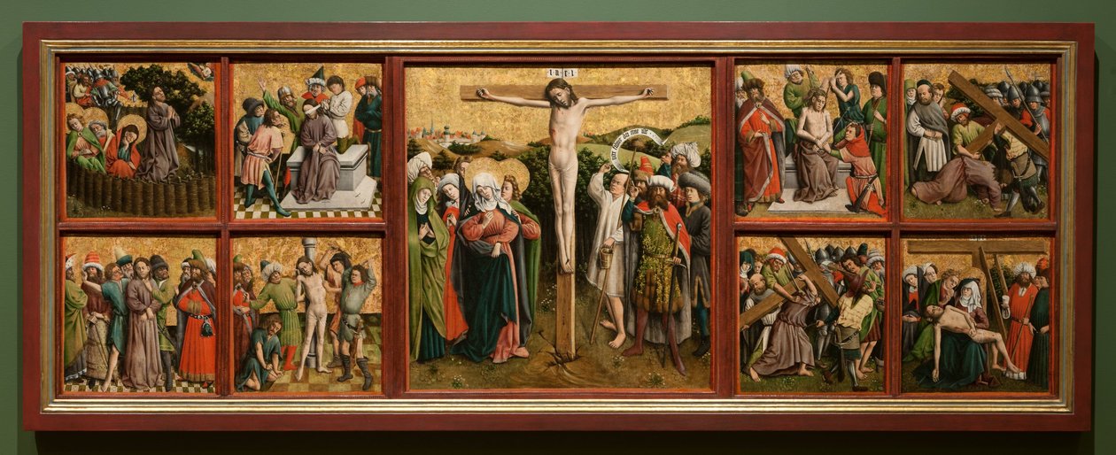 Alttaritaulu Kristuksen kärsimys, n. 1440-luku (öljyä ja kultaa puulle). tekijältä Master of the Schlägl Altarpiece