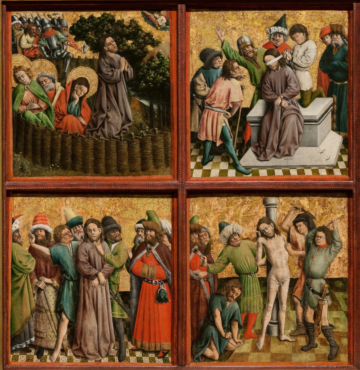 Alttaritaulu Kristuksen kärsimys, n. 1440-luku (öljyä ja kultaa puulle). tekijältä Master of the Schlägl Altarpiece