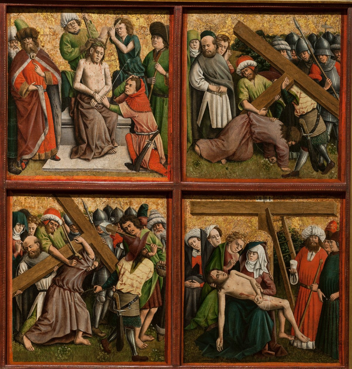 Alttaritaulu Kristuksen kärsimys, n. 1440-luku (öljyä ja kultaa puulle). tekijältä Master of the Schlägl Altarpiece