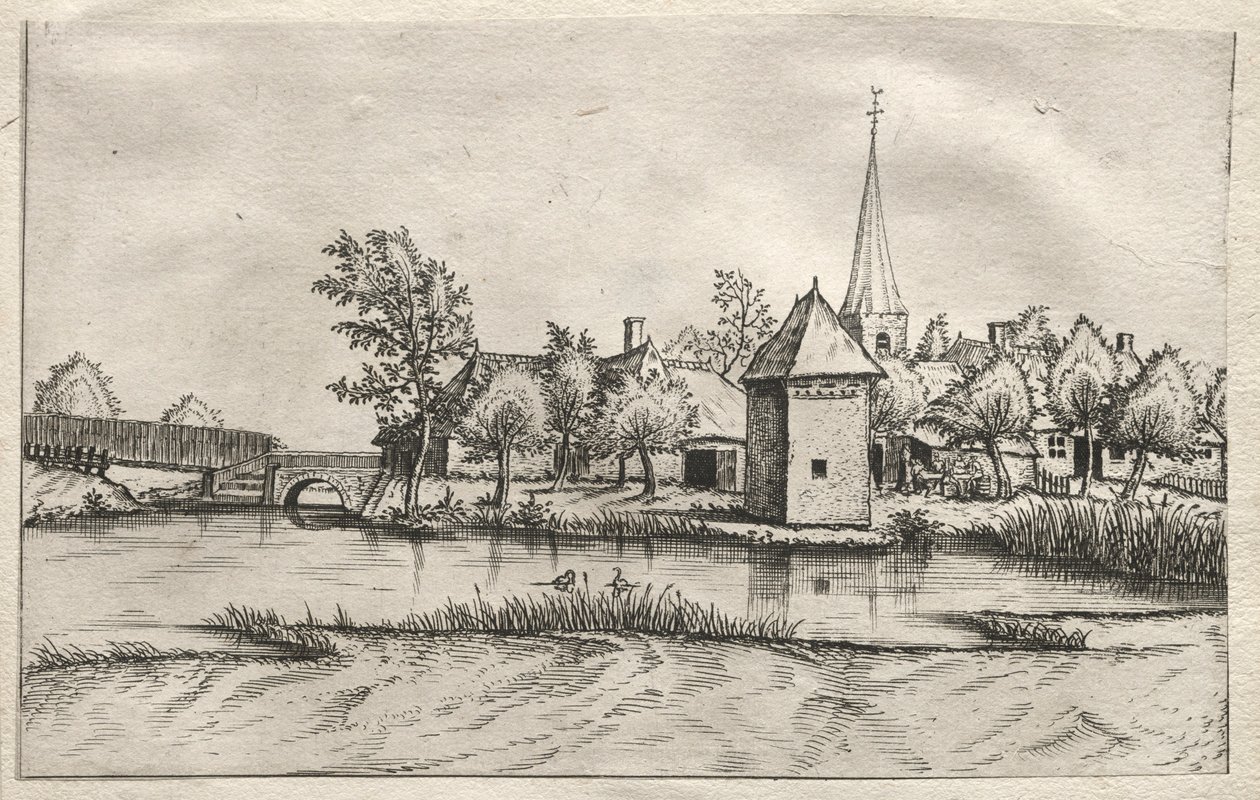 Näkymiä Brabantin ja Campinen kylistä: Vallihautainen kylä, n. 1561. tekijältä Master of the Small Landscapes