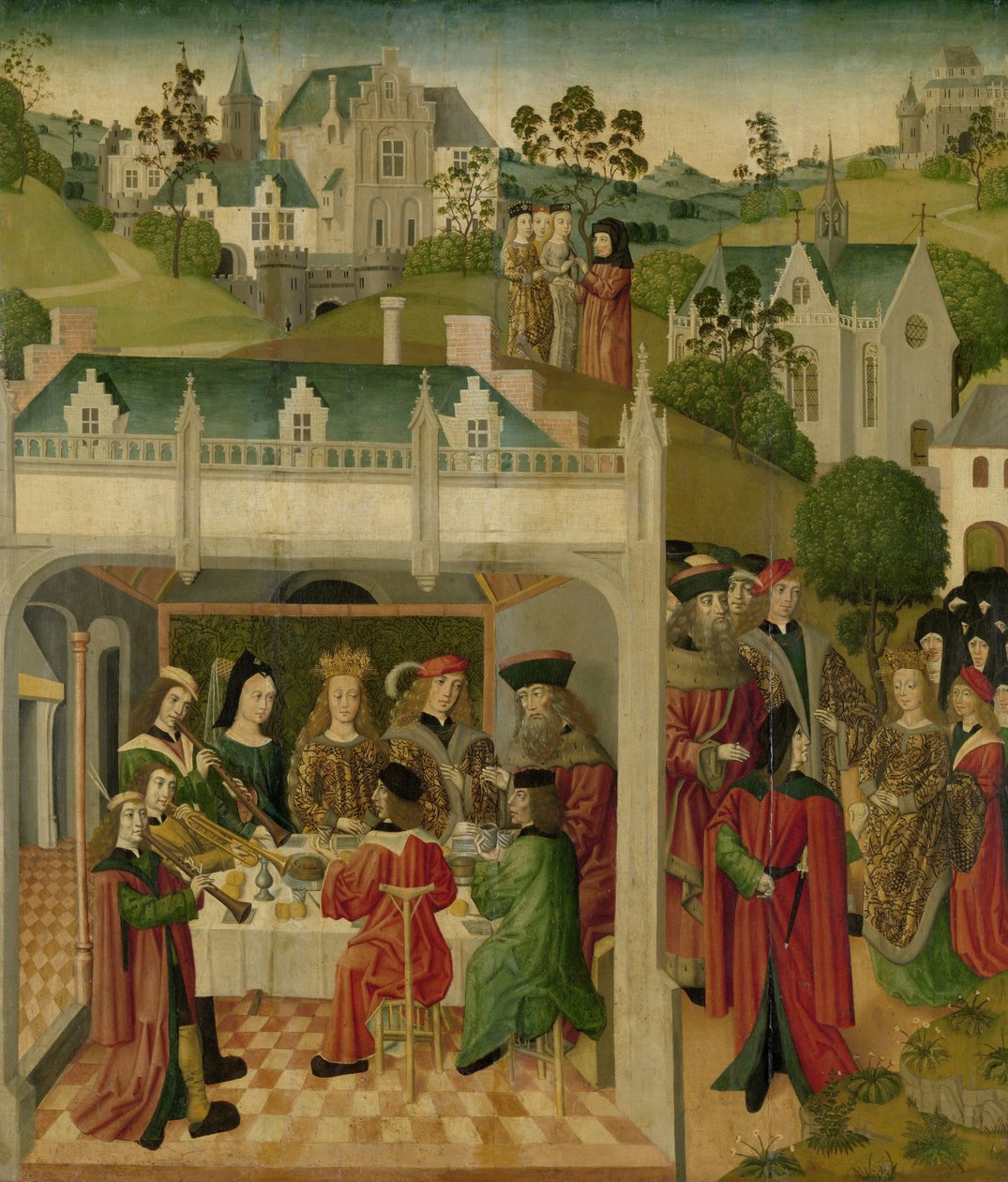 Pyhän Elisabetin Unkarin ja Ludvig Thüringenin hääjuhla Wartburgissa, n. 1490-c.1495 (öljy paneelissa) tekijältä Master of the St.Elizabeth panels