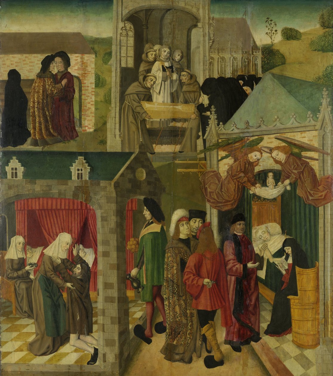 Pyhä Elizabeth Unkarista hoitamassa sairaita Marburgissa, Pyhän Elisabetin kuolema, Dordrechtin Grote Kerkiin tehdyn alttaritaulun oikea sisäsiipi tekijältä Master of the St Elizabeth Panels