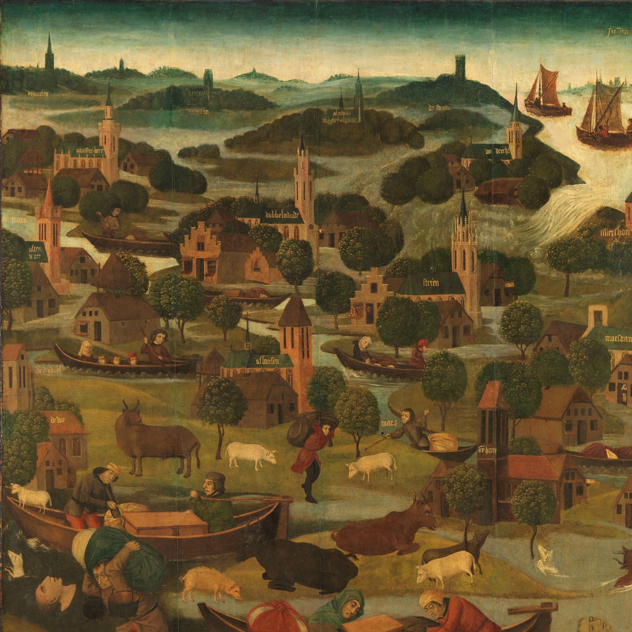 Pyhän Elisabetin päivän tulva Alttaritaulun oikean siiven ulkopuoli, joka kuvaa Pyhän Elisabetin tulvaa 18.-19.11.1421 ja esittää Wieldrechtin padon murtumaa tekijältä Master of the St Elizabeth Panels