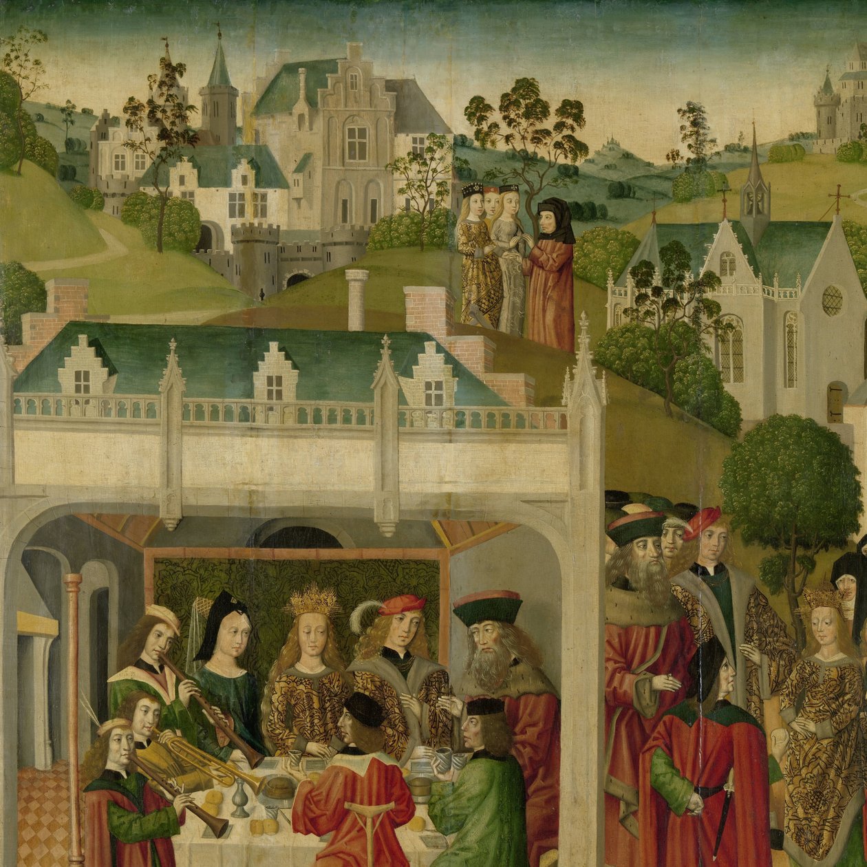 Unkarin Pyhän Elisabetin ja Ludvig Thüringenin hääjuhla Wartburgissa, Dordrechtin Grote Kerkiin tehdyn alttaritaulun vasen sisäsiipi tekijältä Master of the St Elizabeth Panels